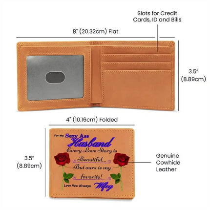 graphic leather wallet showing inside pockets and outside