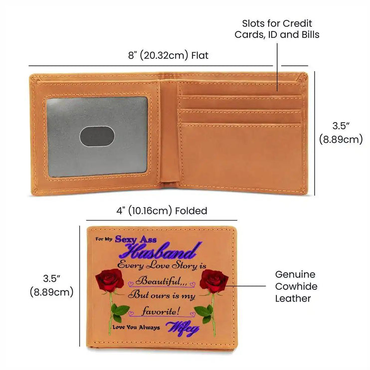 graphic leather wallet showing inside pockets and outside