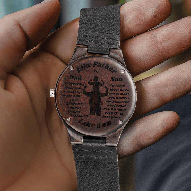 wooden watch engraved in a model's hand