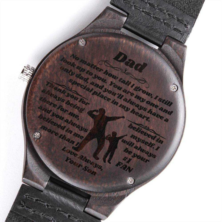 wooden watch engraved showing engraving up close