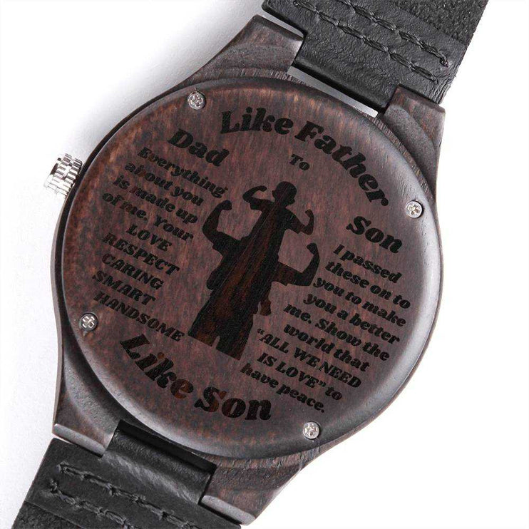 wooden watch engraved showing engraving up close