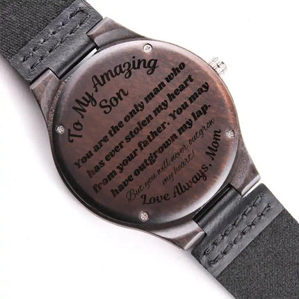 Engraved Wooden Watch showing engraving on back