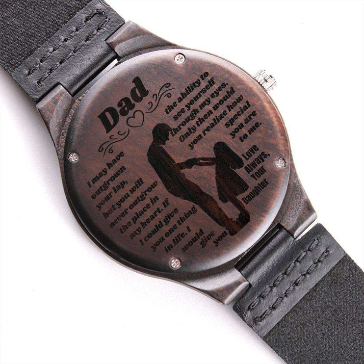 wooden watch engraved showing engraving on back with no background