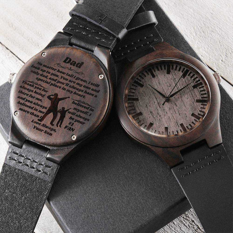 wooden watch engraved on a soft box with one showing front one back