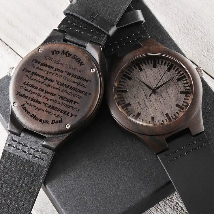 2 Engraved Wooden Watch showing front and back on a two-tone box