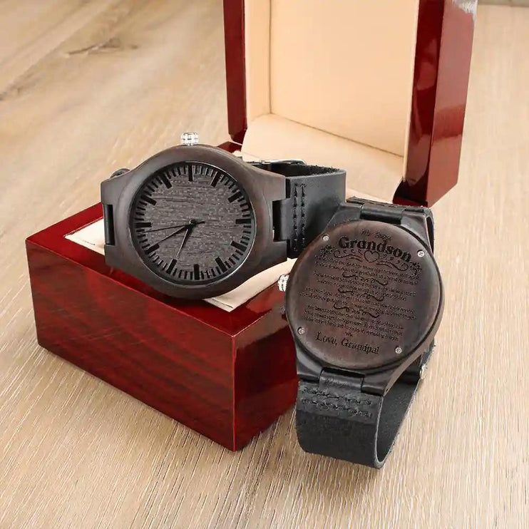 2 engraved wooden watch, 1 in mahogany box, 1 outside of box