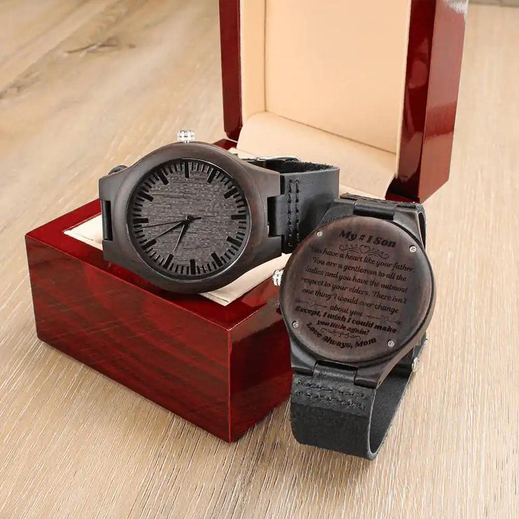 2 Engraved Wooden Watch on a mahogany box showing front and back