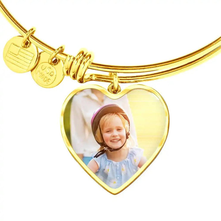 photo upload heart bangles in yellow gold finish close up of pendant
