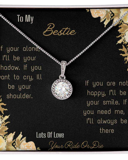 eternal hope necklace with greeting card for bestie in standard box and white gold close view 