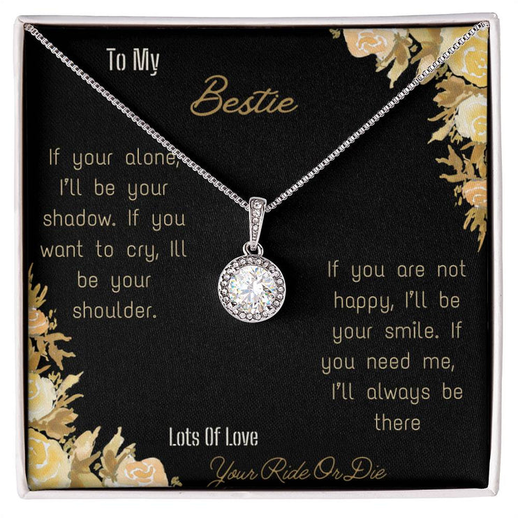 eternal hope necklace with greeting card for bestie in standard box and white gold close view 
