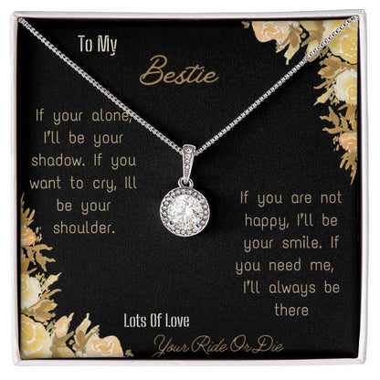 eternal hope necklace with greeting card for bestie in standard box and white gold close view 