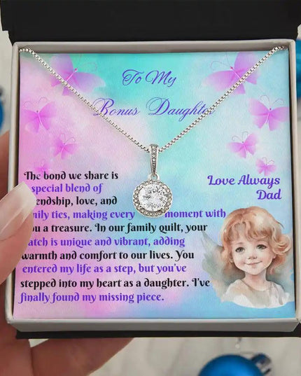white gold eternal hope necklace two-tone box in model's hand