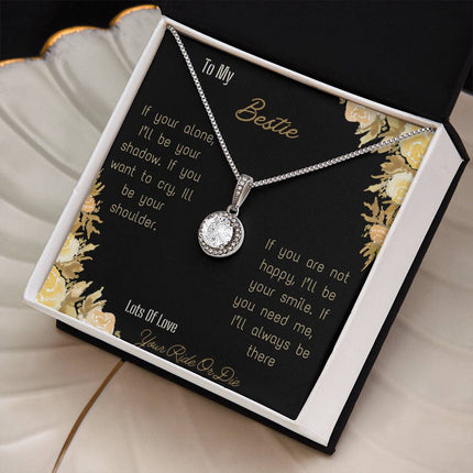 eternal hope necklace with greeting card for bestie in standard box and white gold left side view