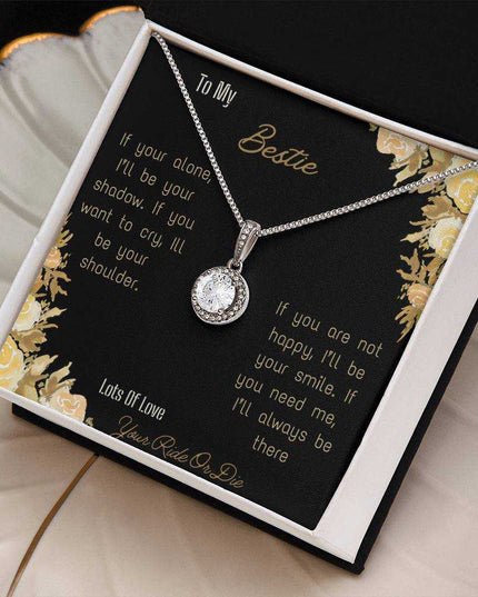 eternal hope necklace with greeting card for bestie in standard box and white gold left side view