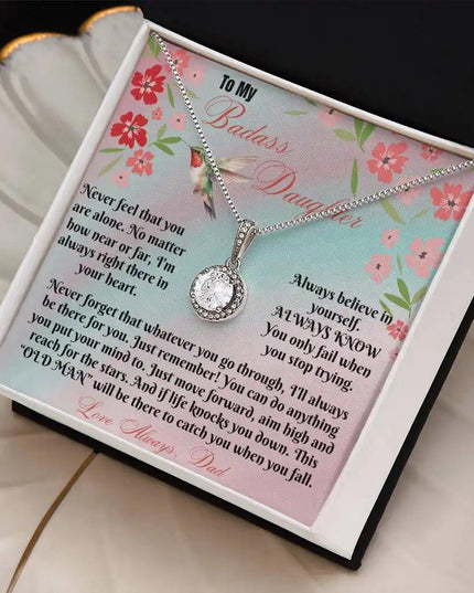 white gold eternal hope necklace in a two-tone box angled right