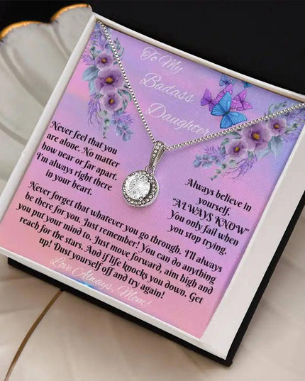 white gold eternal hope necklace in a two-tone box angled right