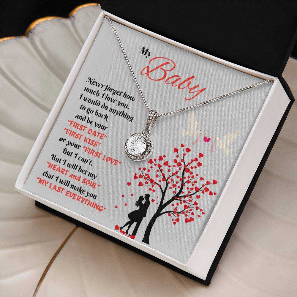 eternal hope necklace in a soft box with greeting card angled right