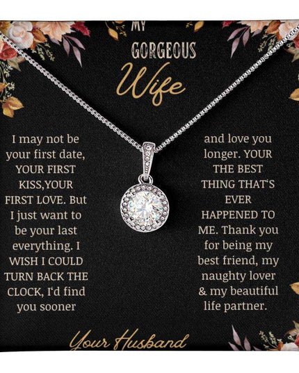 A white gold Eternal Hope Necklace on a to wife greeting card