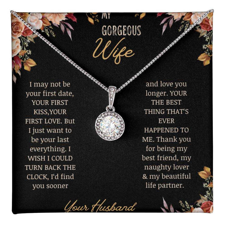 A white gold Eternal Hope Necklace on a to wife greeting card