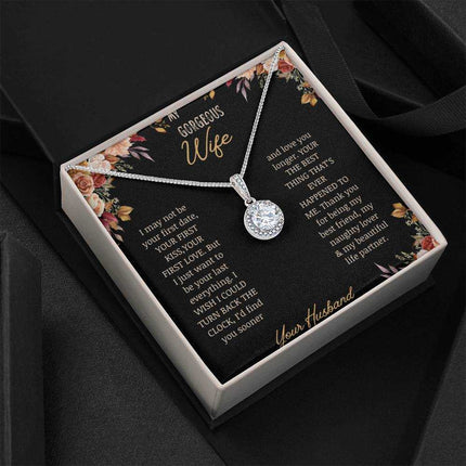 A white gold Eternal Hope Necklace on a to wife greeting card in a two-tone box