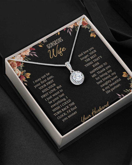 A white gold Eternal Hope Necklace on a to wife greeting card in a two-tone box