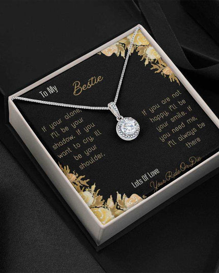 eternal hope necklace with greeting card for bestie in standard box and white gold right side view