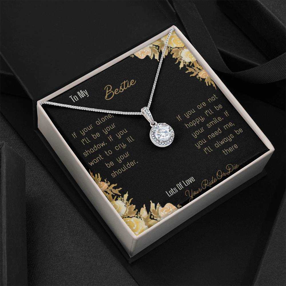 eternal hope necklace with greeting card for bestie in standard box and white gold right side view