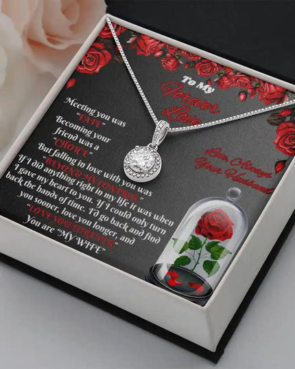 white gold eternal hope necklace in a two-tone box angled right