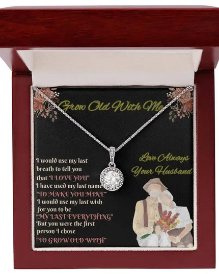 white gold eternal hope necklace in a mahogany box