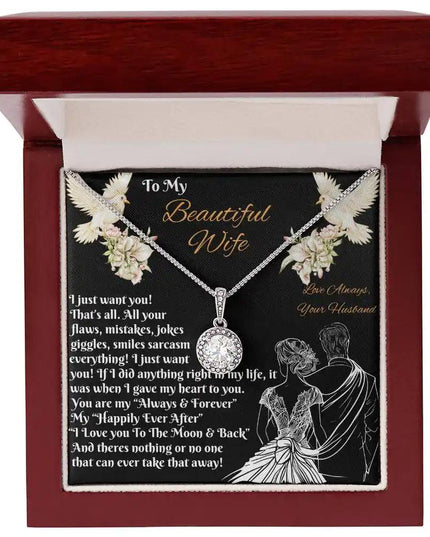white gold eternal hope necklace in a mahogany box