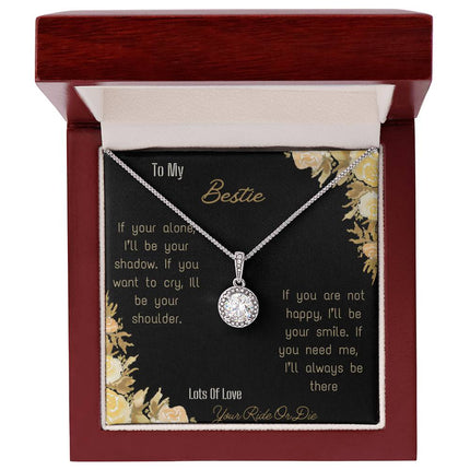 eternal hope necklace with greeting card for bestie in mahogany box and white gold close view