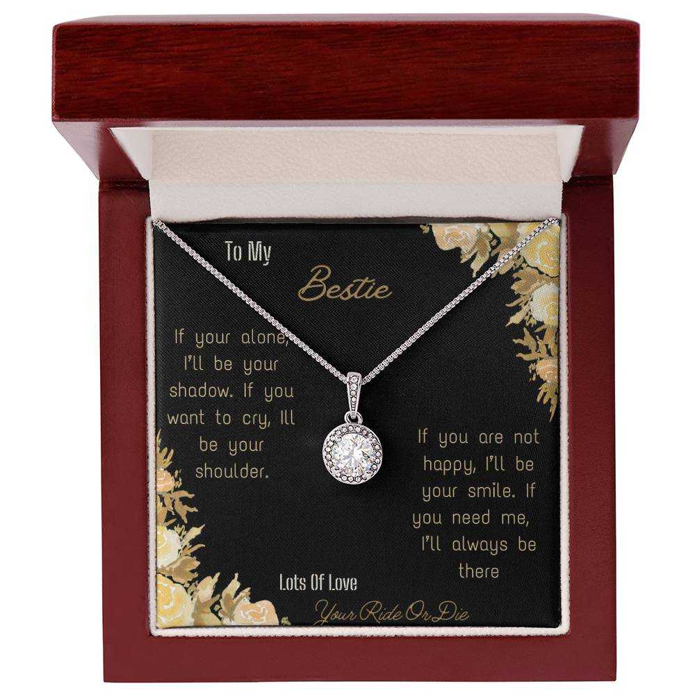 eternal hope necklace with greeting card for bestie in mahogany box and white gold close view