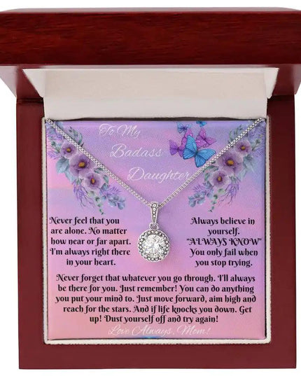 white gold eternal hope necklace in a mahogany box