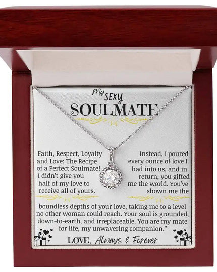 a eternal hope necklace up close in a mahogany box.