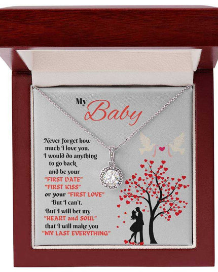 eternal hope necklace in a luxury box with greeting card up close