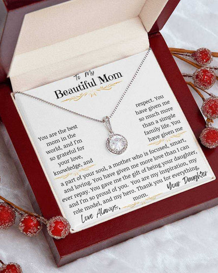 a eternal hope necklace in a mahogany box angled left