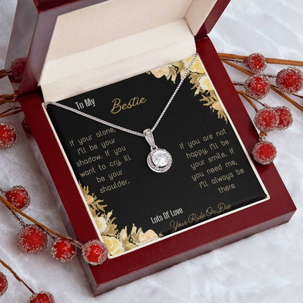 eternal hope necklace with greeting card for bestie in mahogany box and white gold side view
