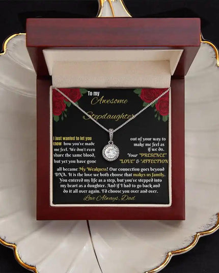 white gold eternal hope necklace in a mahogany box on a white shell