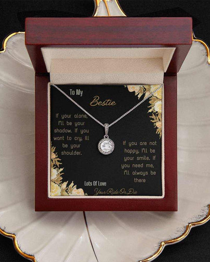 eternal hope necklace with greeting card for bestie in mahogany box and white gold far view
