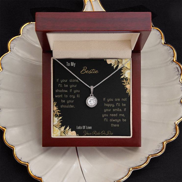 eternal hope necklace with greeting card for bestie in mahogany box and white gold far view