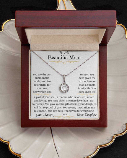 a eternal hope necklace in a mahogany box in a white shell