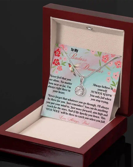 white gold eternal hope necklace in a mahogany box