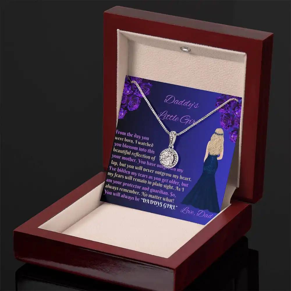 white gold eternal hope necklace in a mahogany box angled to right