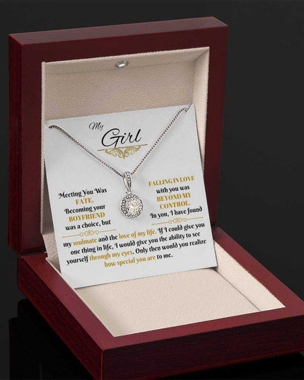 eternal hope necklace in a luxury box angled to the left up close