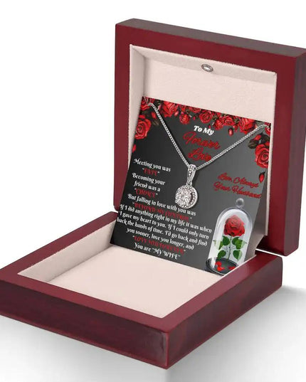 white gold eternal hope necklace in a mahogany box angled right
