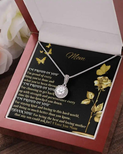 eternal hope necklace in mahogany box angled right