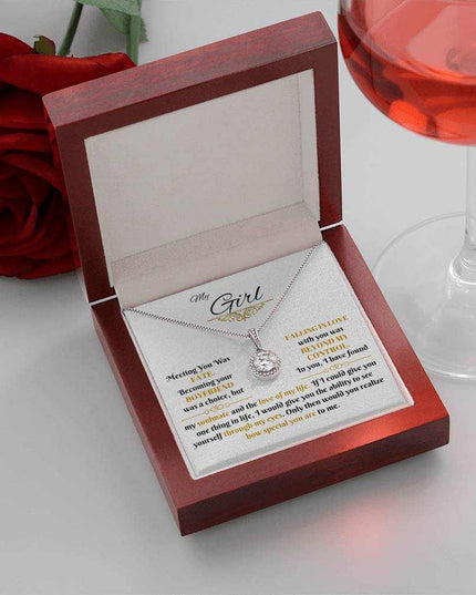 eternal hope necklace in a luxury box angled to the left looking down