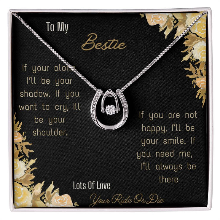 lucky in love necklace with greeting card for bestie in two tone box close angle