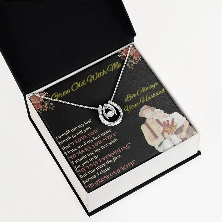 white gold lucky in love necklace in two-tone box angled left