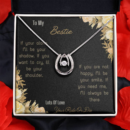 lucky in love necklace with greeting card for bestie in two tone box close close angle